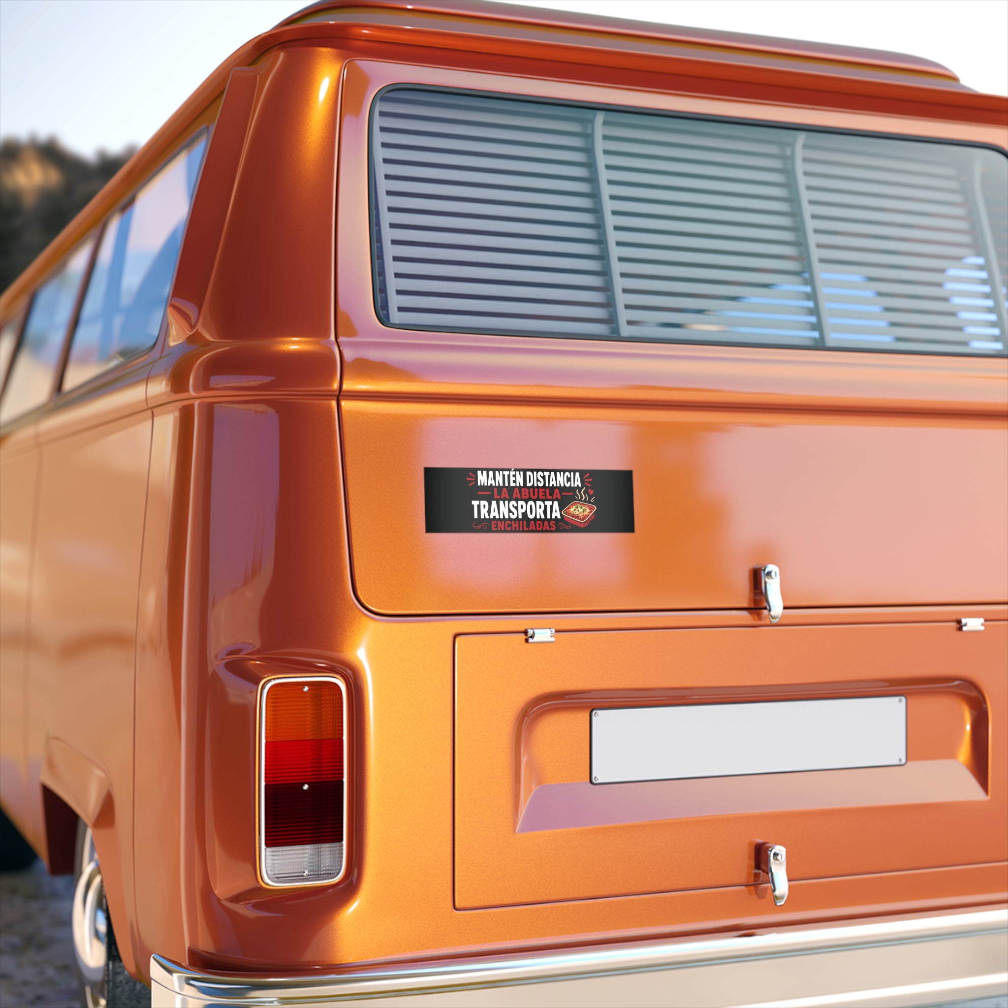 Bumper Sticker – "Mantén Distancia La Abuela Transporta Enchiladas" Funny Spanish Car Decal